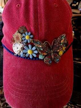 Embellished Raspberry Pink Baseball Cap with Rhinstone Butterfly